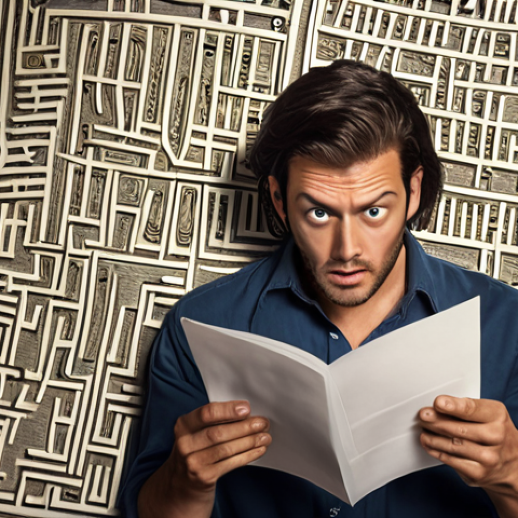 **

Prompt: "A person looking confused and overwhelmed while reading a complicated mortgage contract with lots of fine print. Emphasize the maze-like feeling of the contract."

**