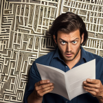 **

Prompt: "A person looking confused and overwhelmed while reading a complicated mortgage contract with lots of fine print. Emphasize the maze-like feeling of the contract."

**