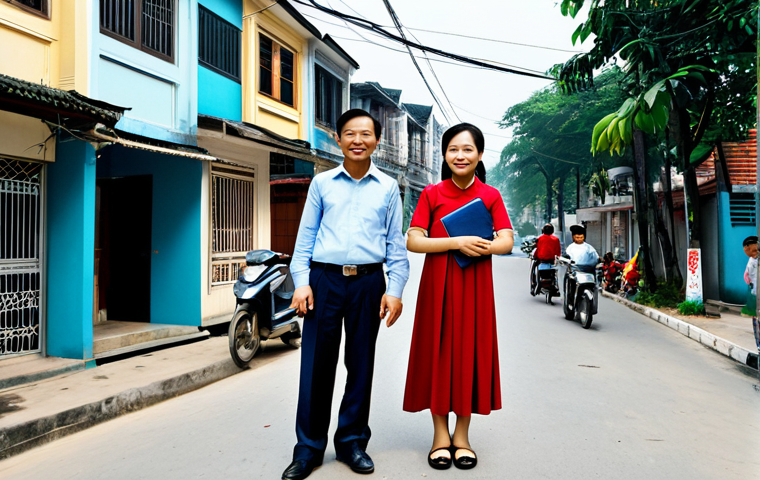 "Gold" Location**

"A modest, fully clothed Vietnamese family stands in front of their newly appraised house in a bustling urban neighborhood in Hanoi, Vietnam. The house is located on a clean, well-maintained street with easy access to public transportation and amenities like schools and markets. The background shows modern buildings and thriving commercial activity. Safe for work, appropriate content, professional real estate photography, perfect anatomy, correct proportions, natural pose, high quality, family-friendly."

**