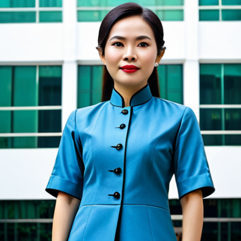 **

A professional Vietnamese woman in a tailored Ao Dai (traditional Vietnamese dress), fully clothed, standing confidently in front of a modern office building in Ho Chi Minh City, appropriate attire, safe for work, perfect anatomy, natural proportions, professional photography, high quality.

**