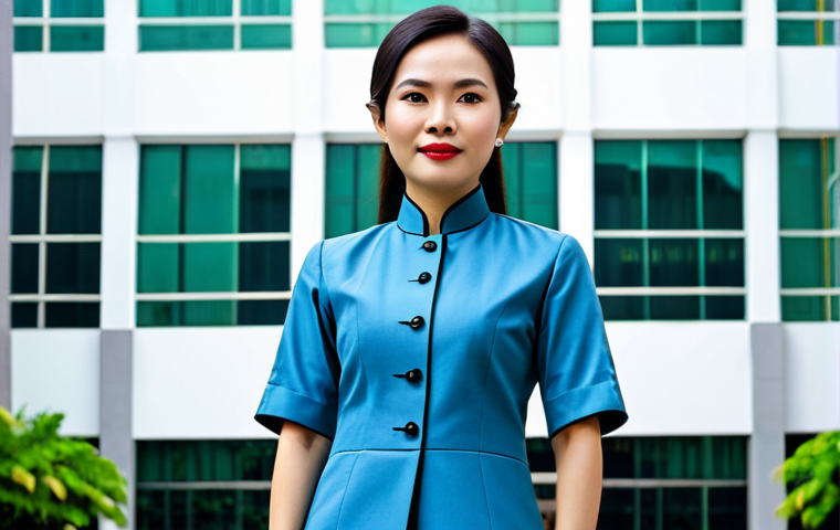 **

A professional Vietnamese woman in a tailored Ao Dai (traditional Vietnamese dress), fully clothed, standing confidently in front of a modern office building in Ho Chi Minh City, appropriate attire, safe for work, perfect anatomy, natural proportions, professional photography, high quality.

**