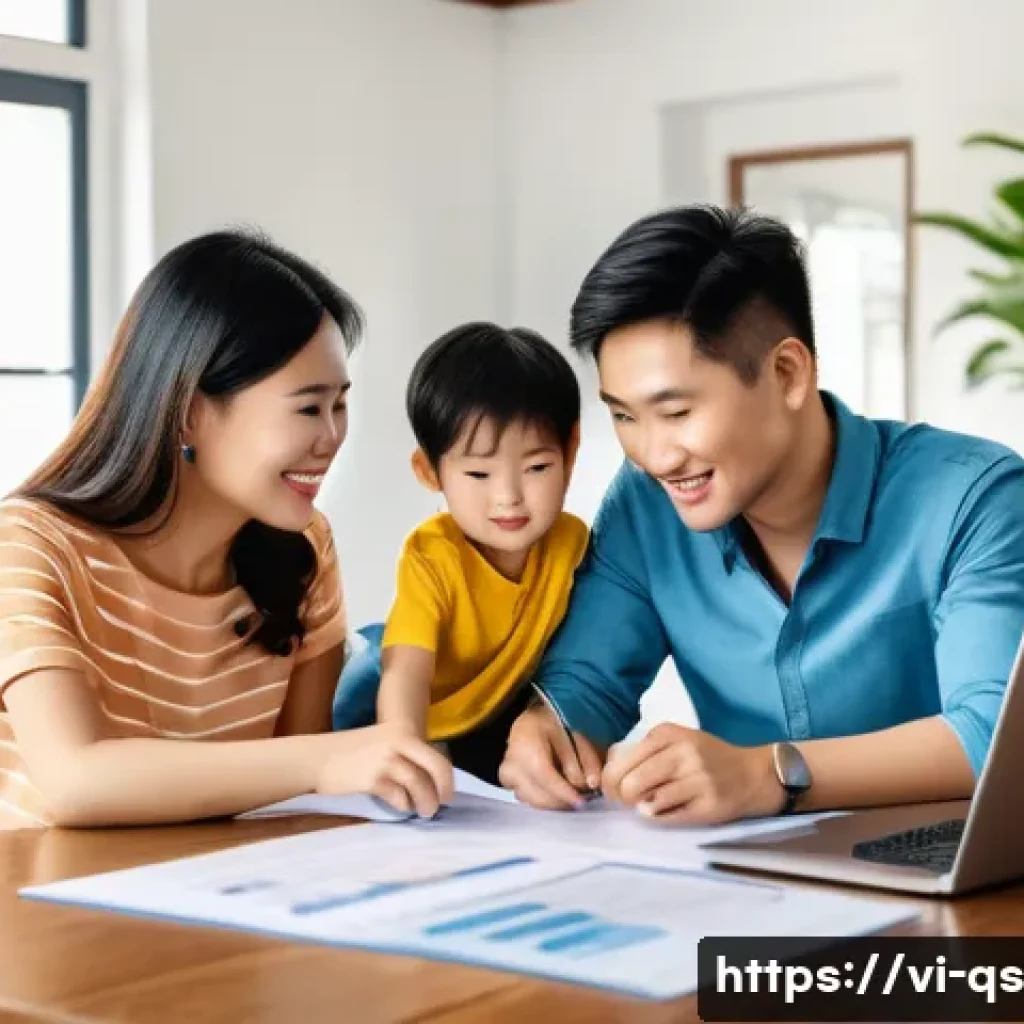 주택담보대출 이자 절감을 위한 팁 - A modern Vietnamese family sitting at a wooden table in a bright, airy living room discussing home l...