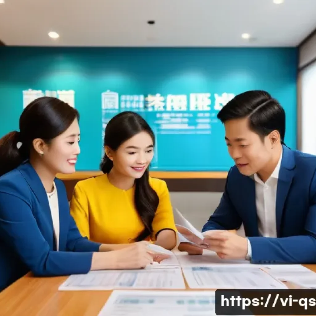 주택담보대출을 통한 금융자산 최적화 - A modern Vietnamese urban family consulting with a bank loan officer inside a sleek bank branch, wit...