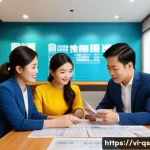 주택담보대출을 통한 금융자산 최적화 - A modern Vietnamese urban family consulting with a bank loan officer inside a sleek bank branch, wit...