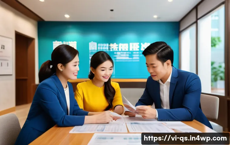 주택담보대출을 통한 금융자산 최적화 - A modern Vietnamese urban family consulting with a bank loan officer inside a sleek bank branch, wit...