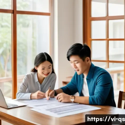 주택담보대출의 세금 혜택과 활용 방법 - A modern Vietnamese family sitting around a wooden table in a bright living room, reviewing home loa...
