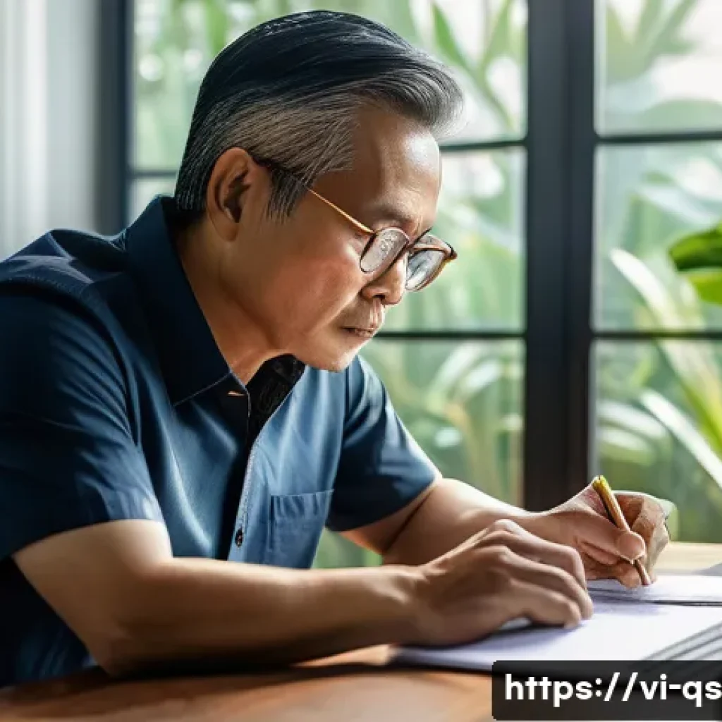 부동산 경기 침체기에 대출관리 전략 - A Vietnamese middle-aged man sitting at a wooden desk in a modern home office, carefully reviewing f...