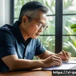 Home 18 부동산 경기 침체기에 대출관리 전략 - A Vietnamese middle-aged man sitting at a wooden desk in a modern home office, carefully reviewing f...