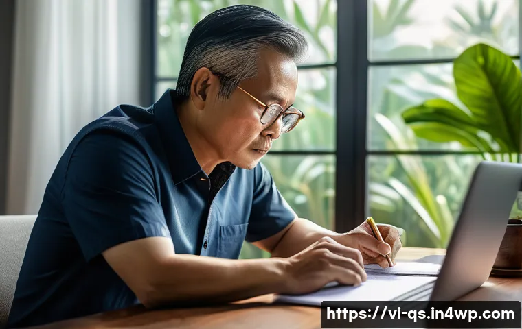 부동산 경기 침체기에 대출관리 전략 - A Vietnamese middle-aged man sitting at a wooden desk in a modern home office, carefully reviewing f...
