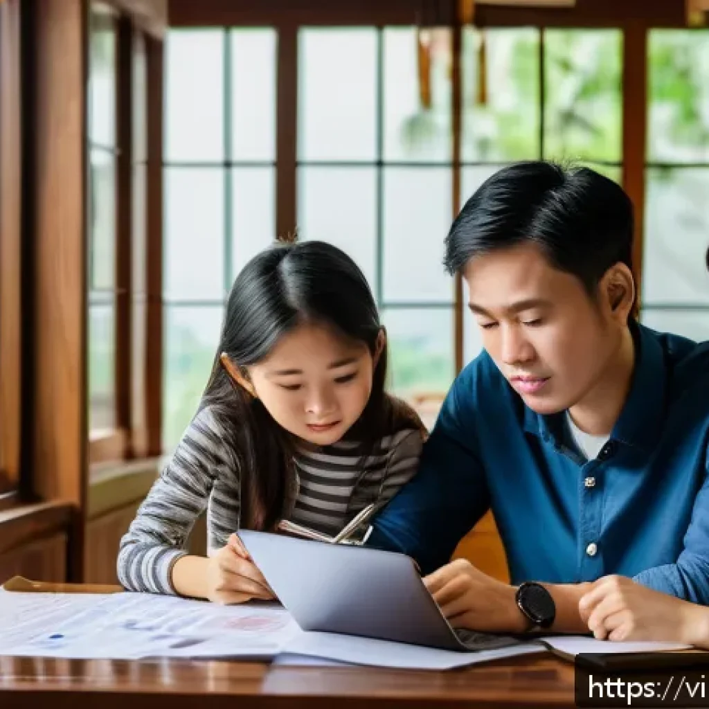 주택담보대출의 변동금리와 고정금리 비교 - A modern Vietnamese family sitting around a wooden table at home, thoughtfully reviewing mortgage lo...