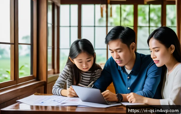 주택담보대출의 변동금리와 고정금리 비교 - A modern Vietnamese family sitting around a wooden table at home, thoughtfully reviewing mortgage lo...