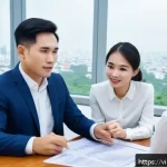 주택담보대출 최적화 시뮬레이터 사용법 - A professional Vietnamese bank loan officer sitting at a modern office desk, explaining mortgage fee...