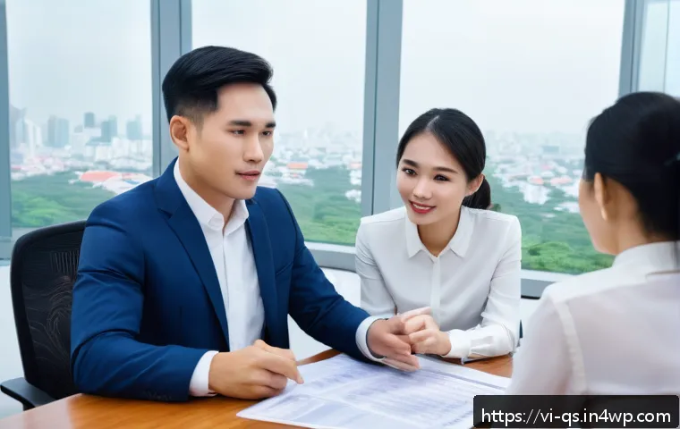 주택담보대출 최적화 시뮬레이터 사용법 - A professional Vietnamese bank loan officer sitting at a modern office desk, explaining mortgage fee...