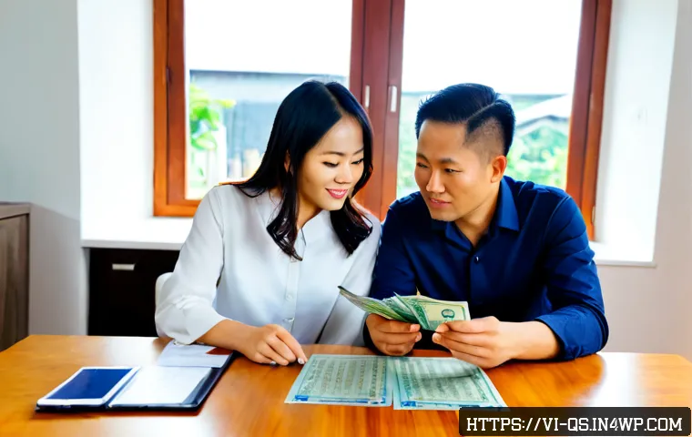 Home 13 주택담보대출 이용한 자산 관리 솔루션 - Photorealistic Vietnamese family couple in their bright modern home, reviewing a home equity financi...
